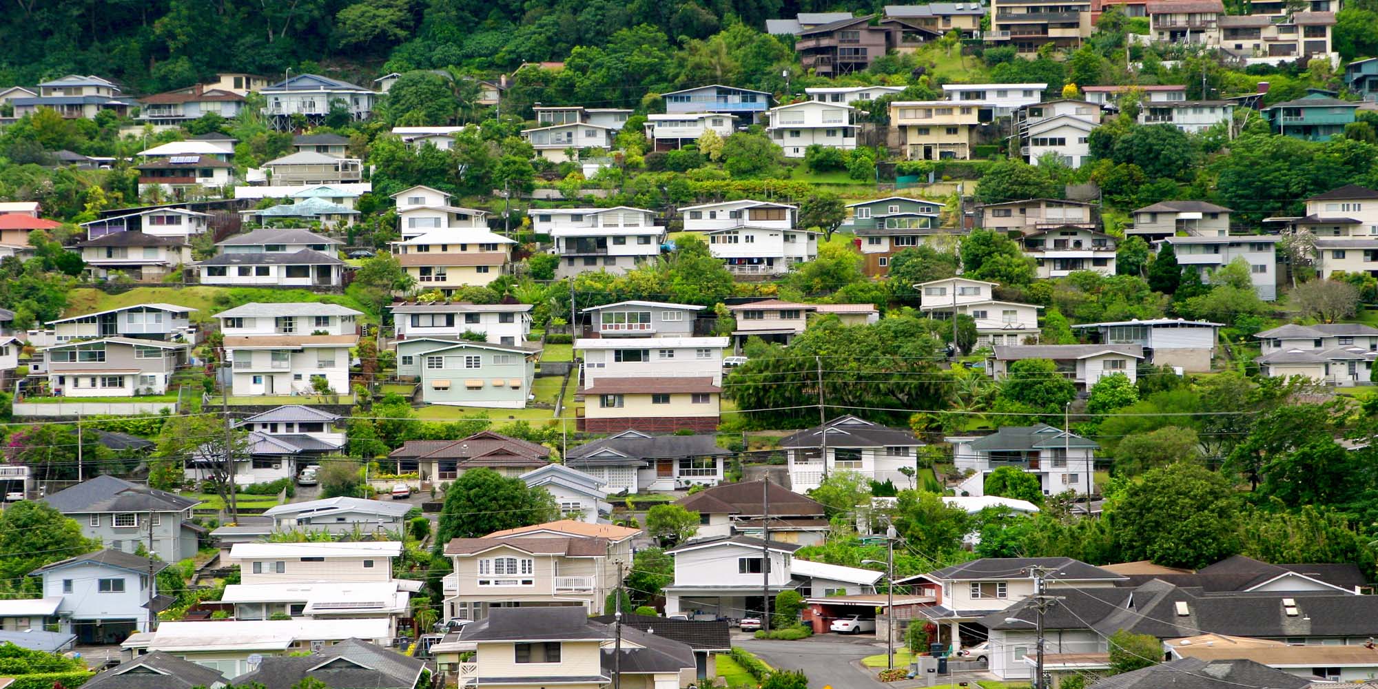 Hawaii neighborhood on a hillside showing multiple houses.